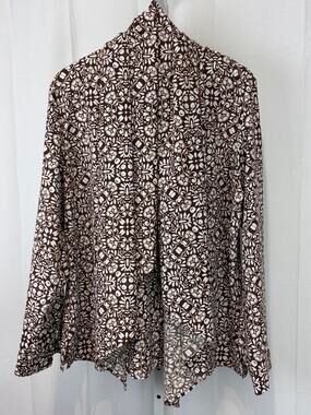 COOLIBAR Floral Chillon Blouse 10254 Long Sleeve Top w Tie UPF 50+ Brown White L